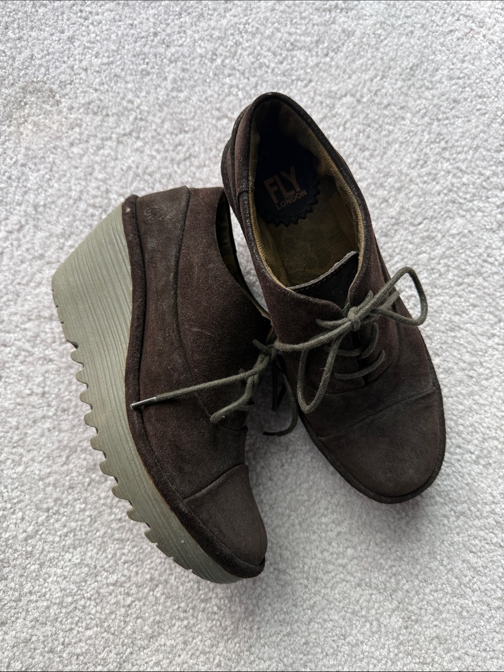 Fly London Dark Brown Suede Platform Lace-Up Wedges